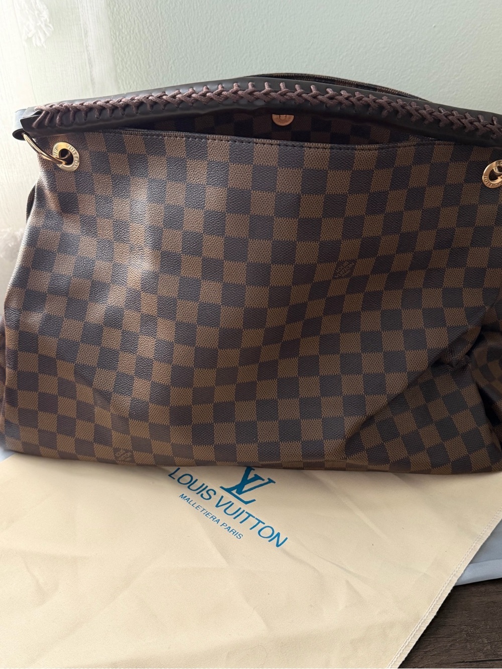 Louis Vuitton Damier Ebene Canvas Shoulder Bag with Braided Trim